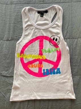 Denny’s Kids fbz White Tank Top with Neon Peace Sign and Smile Graphic
